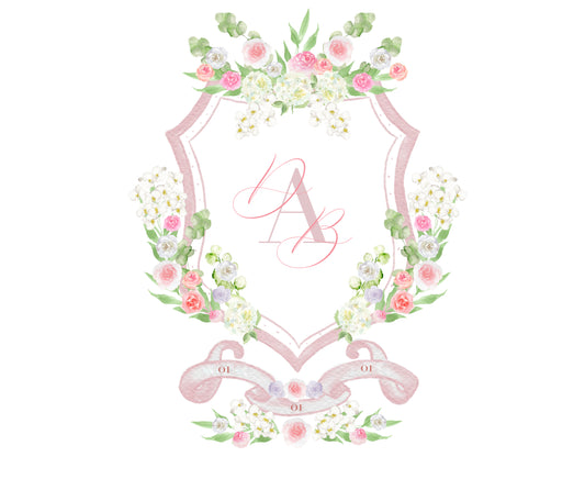 White and pink wedding crest, white hydrangea wedding crest, monogram crest, watercolor crest, orchd floral crest - The Wedding Crest Lab