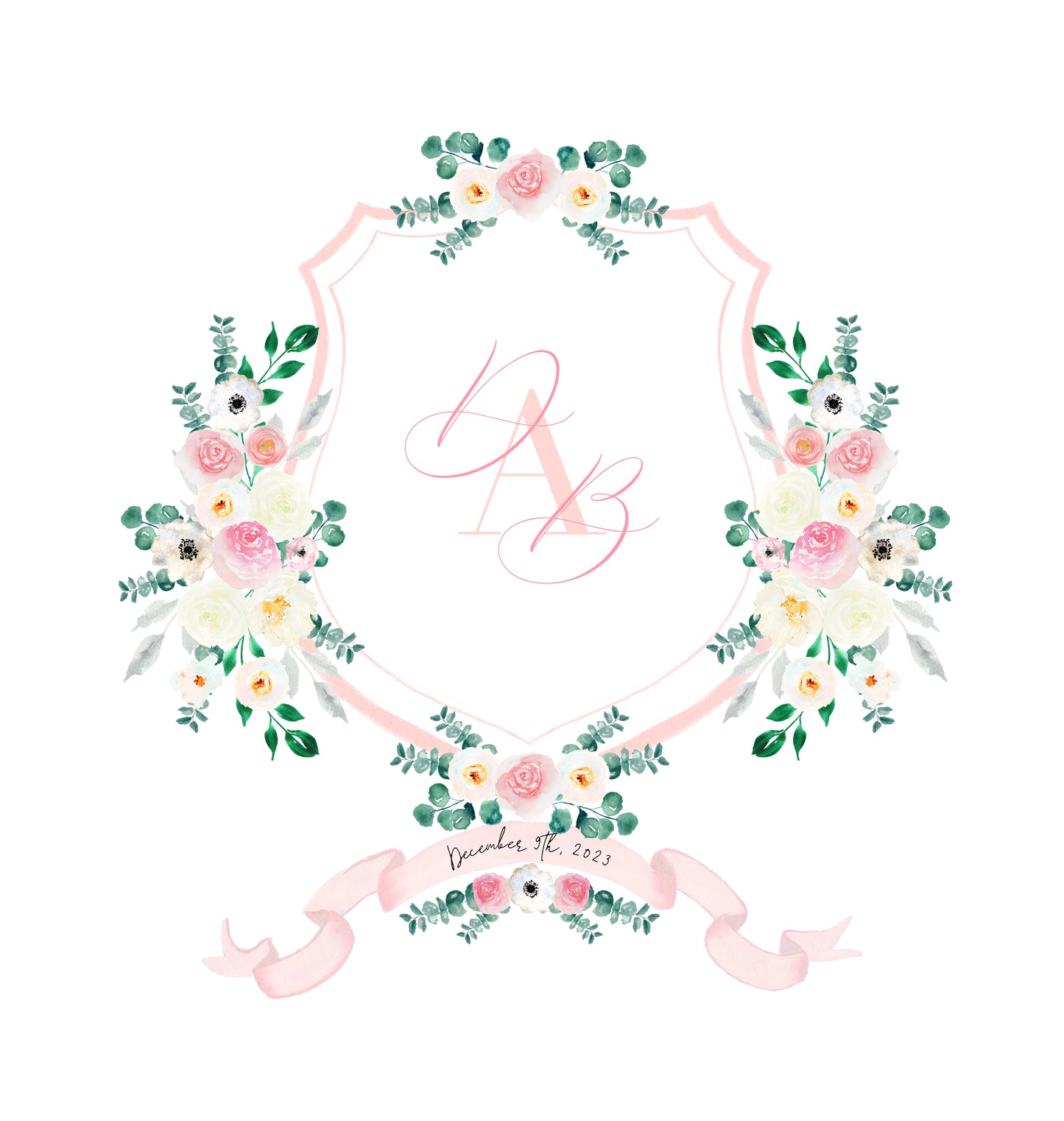 White and pink wedding crest, pink wedding crest, monogram crest, watercolor crest,blush floral crest - The Wedding Crest Lab