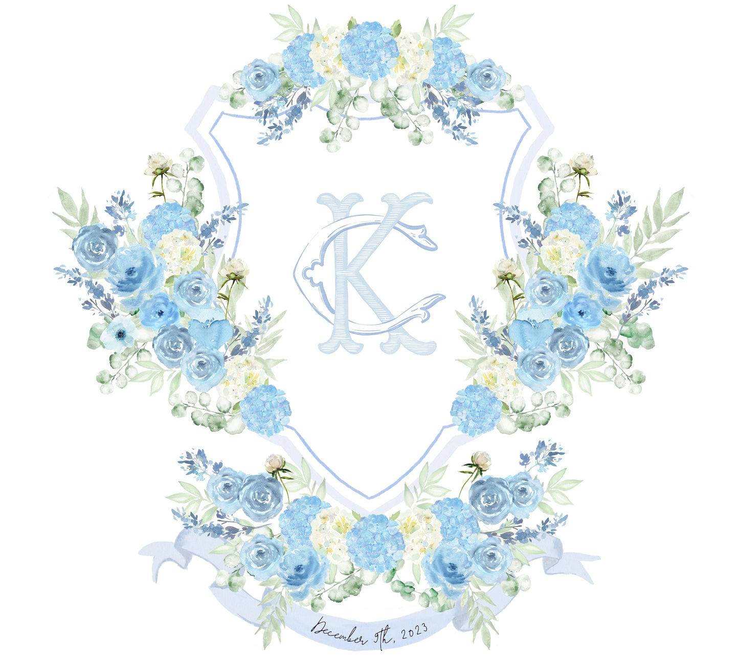 Dusty blue Roses and Peonies wedding crest, monogram crest, watercolor crest, light blue floral crest The Wedding Crest Lab