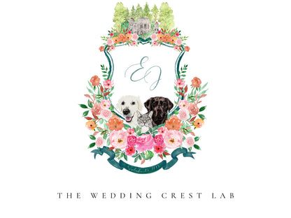 Custom wedding crest with watercolor flowers The Wedding Crest Lab