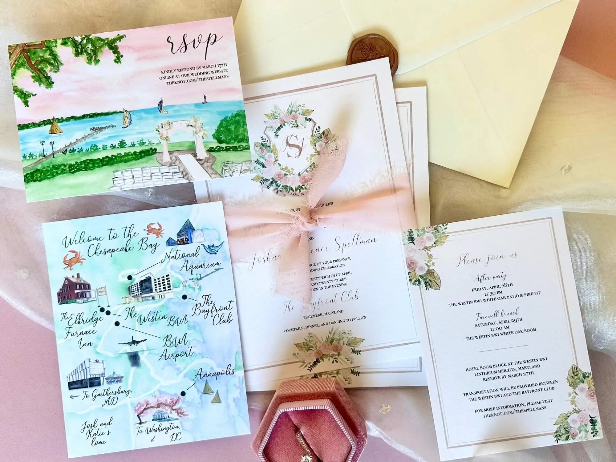 Custom wedding invitation with custom wedding crest and watercolor map