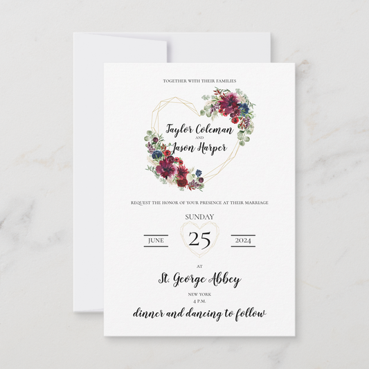 Flat burgundy and navy floral wedding invitation The Wedding Crest Lab
