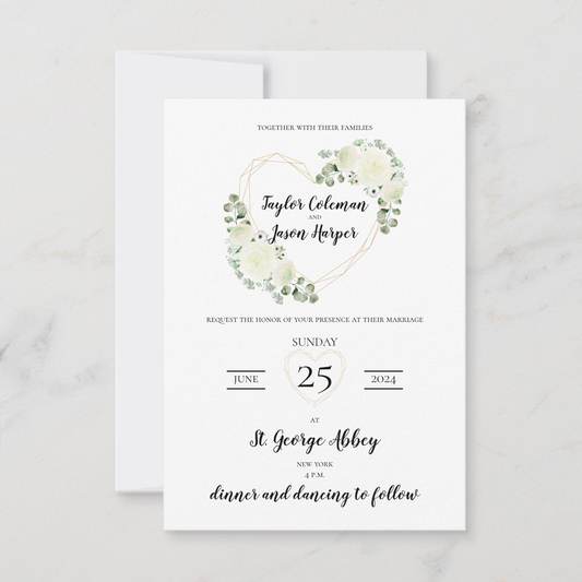 Flat white floral wedding invitation The Wedding Crest Lab