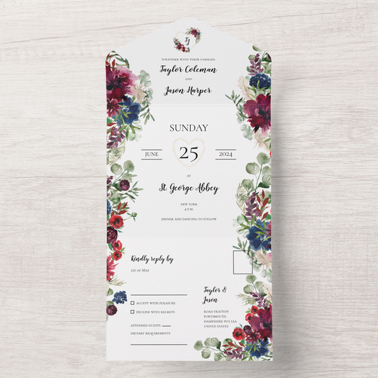 Trifold floral burgundy and navy wedding invitation The Wedding Crest Lab