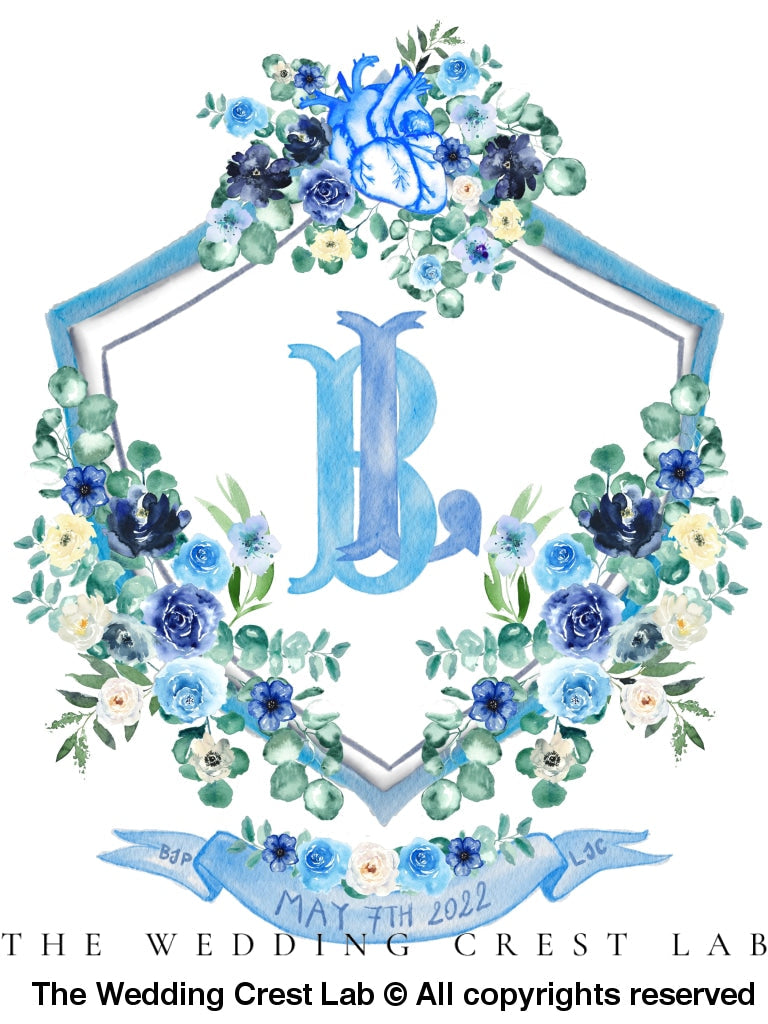 custom wedding crest with blue heart