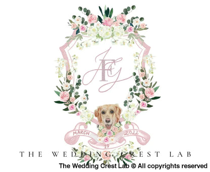 custom pink wedding crest with dog portrait