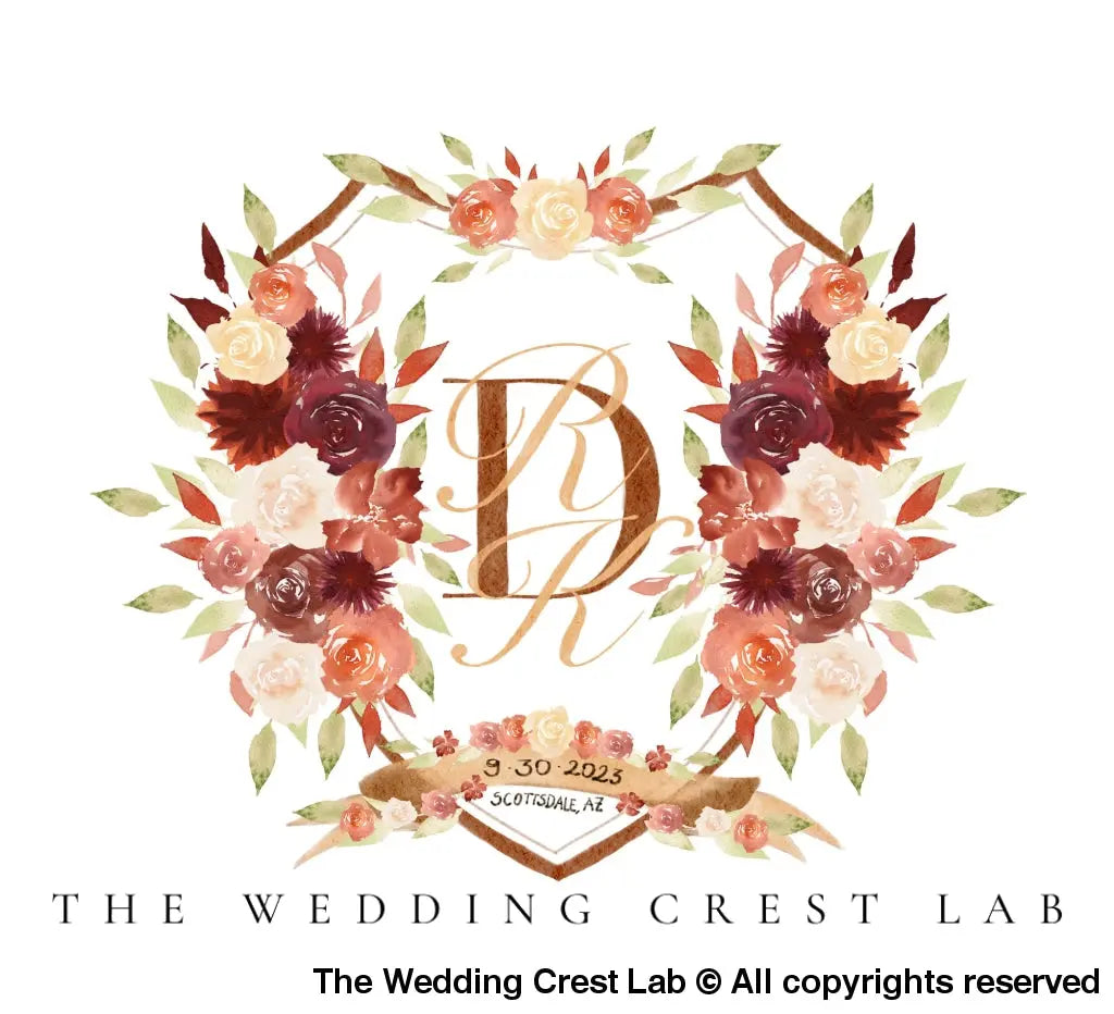 custom wedding crest with rust flowers