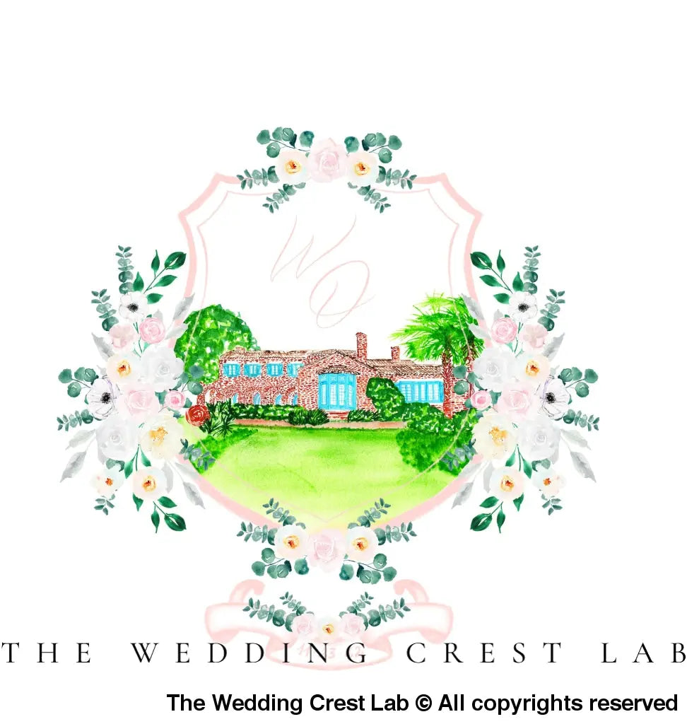custom wedding crest with venue portraits