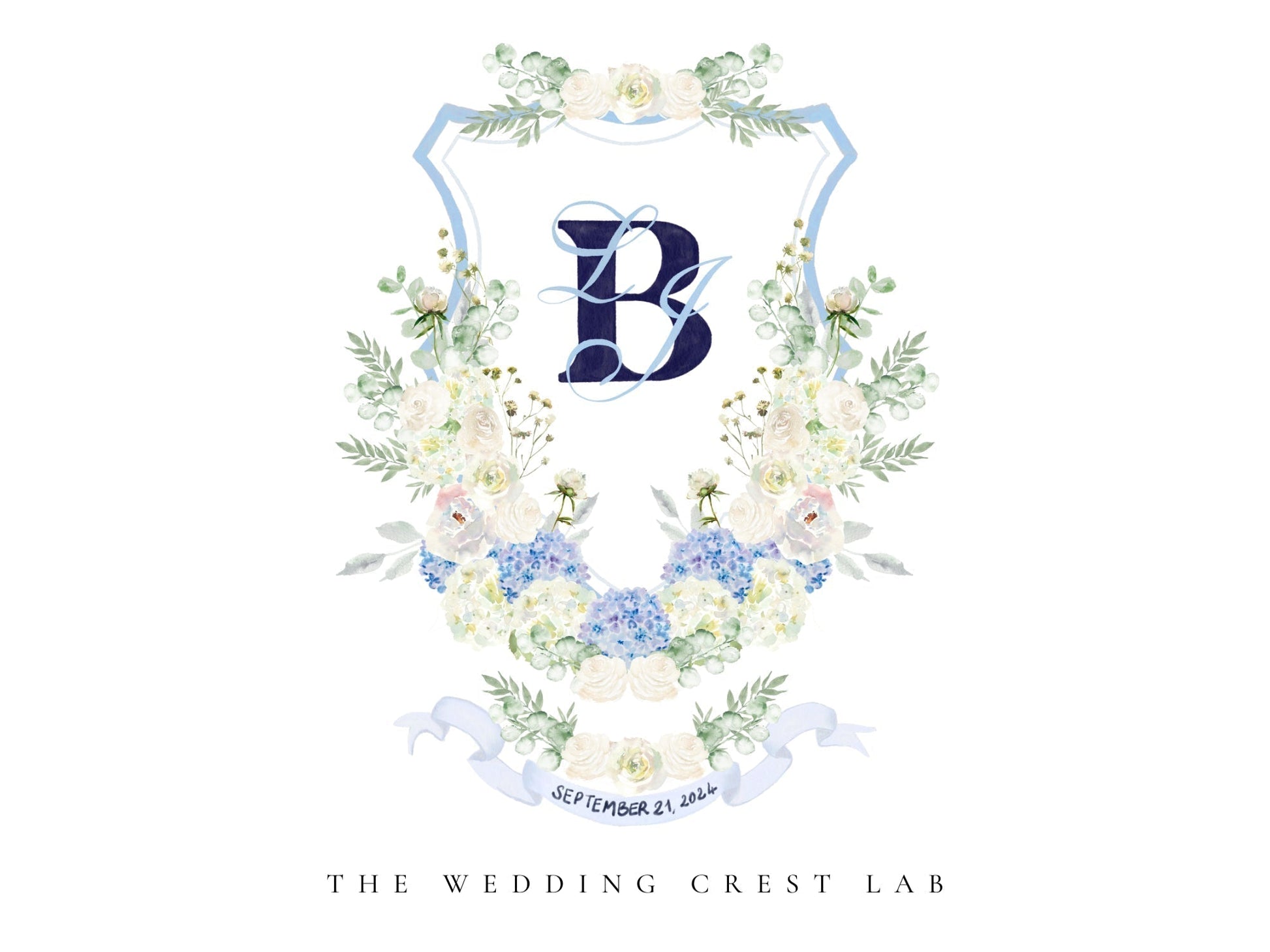 Custom wedding crest with watercolor flowers and pet or venue portrait The Wedding Crest Lab