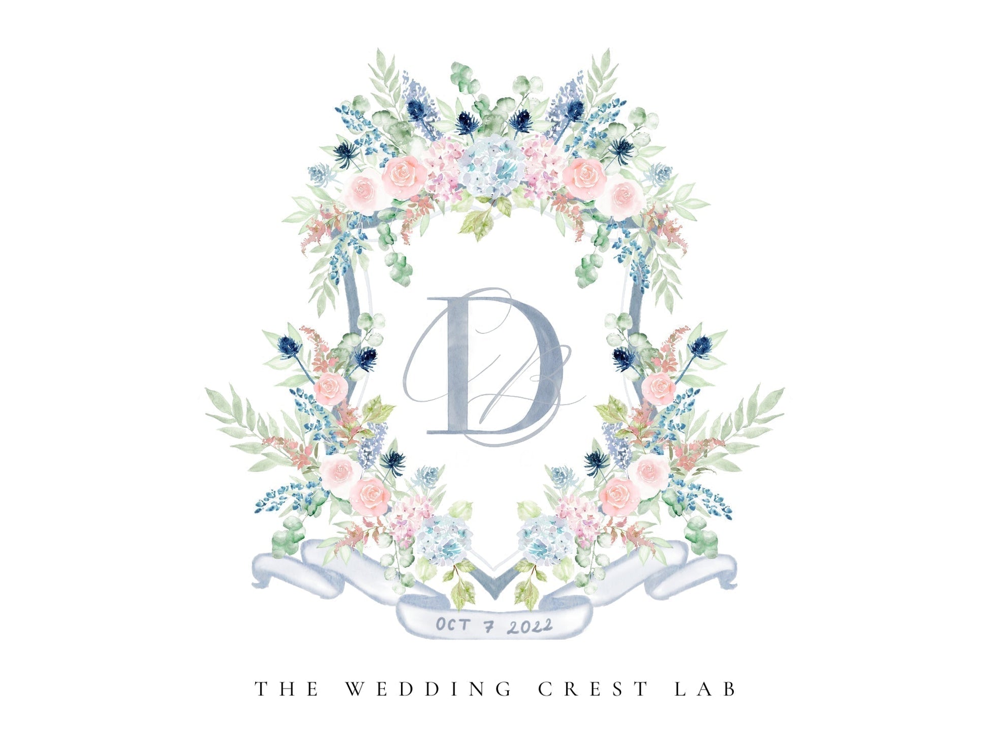 Custom wedding crest with watercolor flowers and pet or venue portrait - The Wedding Crest Lab