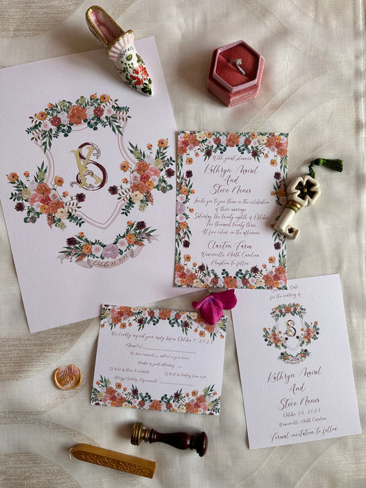 Custom wedding invitation suite with 3 cards