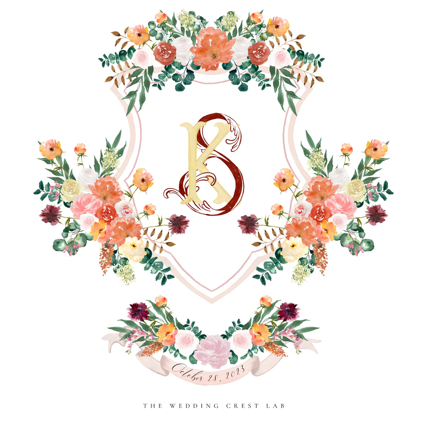 Custom wedding crest with watercolor flowers The Wedding Crest Lab