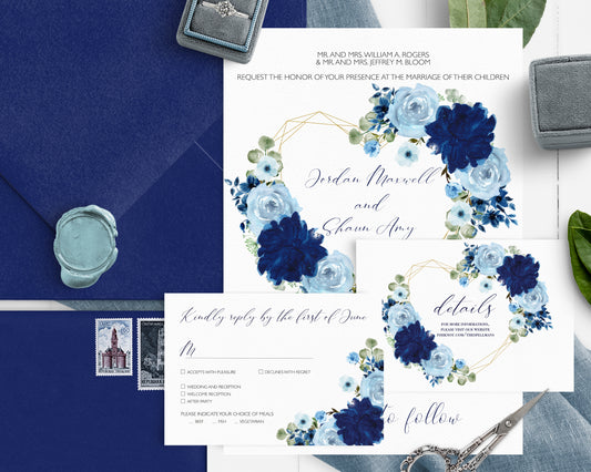 Blue flower wedding invitation set