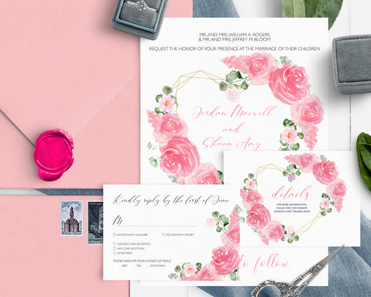 Pink flower wedding invitation set