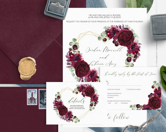 Burgundy flower wedding invitation set