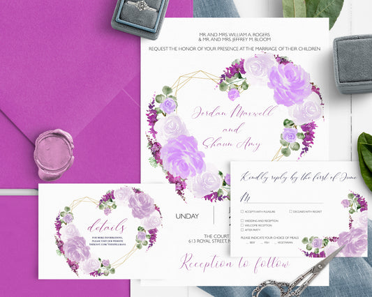 Purple flower wedding invitation set