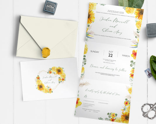 Yellow flower all in one wedding invitation
