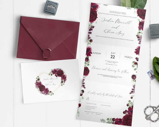Burgundy flower all in one wedding invitation