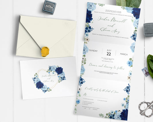 Blue flower all in one wedding invitation