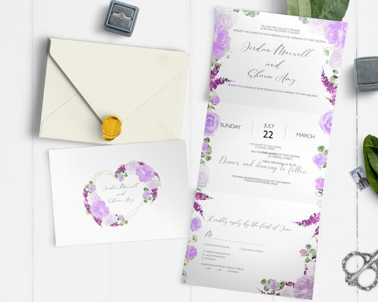 Purple flower all in one wedding invitation