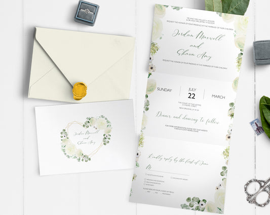 White flower all in one wedding invitation