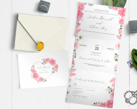 Pink flower all in one wedding invitation