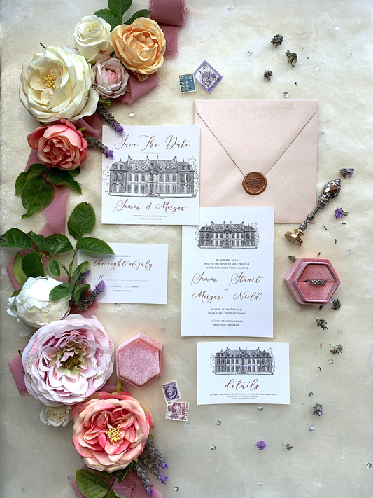 Elegant wedding invitation with custom wedding venue drawing