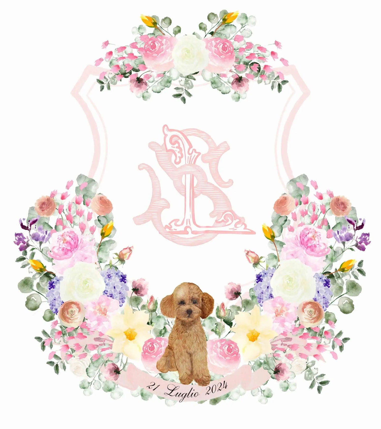 Pink custom wedding crest with poodle