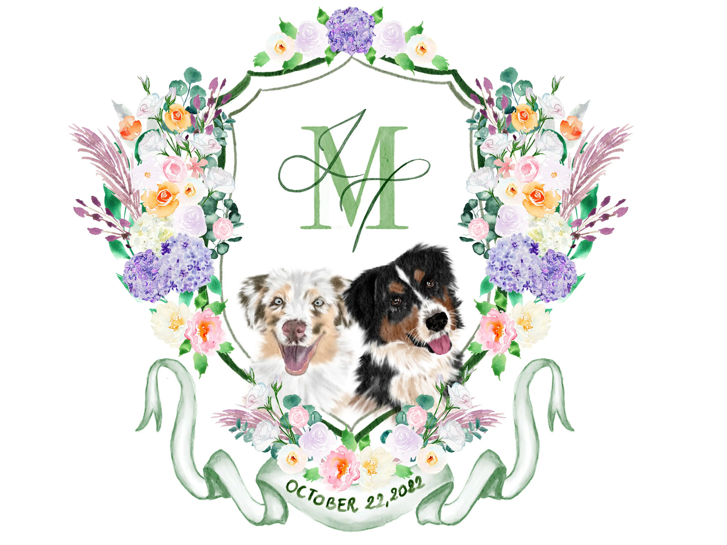 Wedding crest with flowers and australian shepherd dog