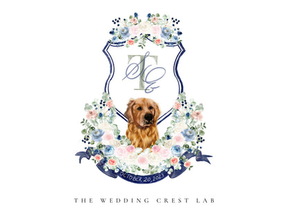 Custom wedding crest with watercolor flowers and pet or venue portrait The Wedding Crest Lab