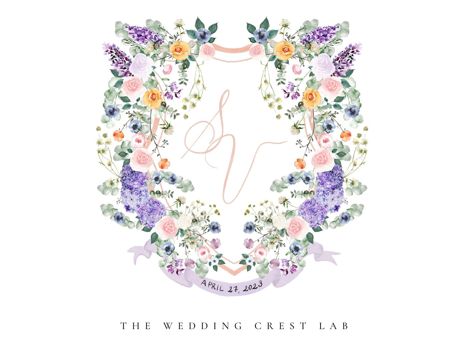 Custom wedding crest with watercolor flowers and pet or venue portrait - The Wedding Crest Lab