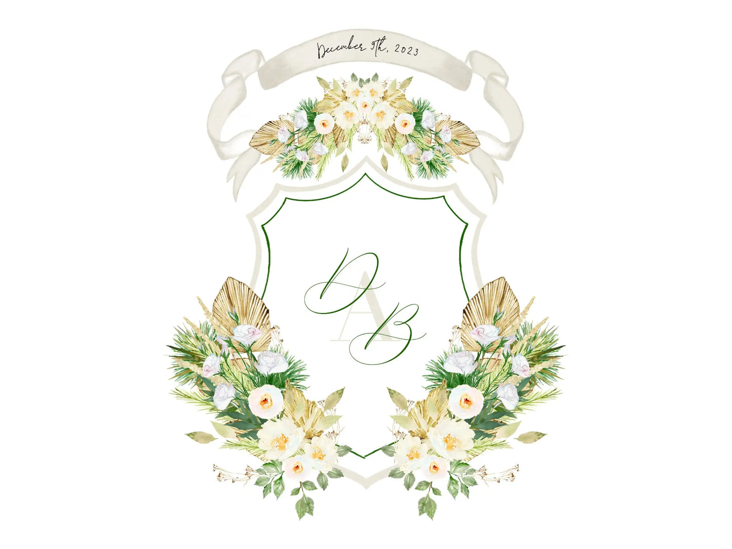 Wedding crest with dried palms and watercolor white flowers The Wedding Crest Lab