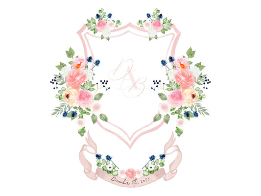 Pink Roses and Peonies Watercolor Crest Wedding Crest The Wedding Crest Lab