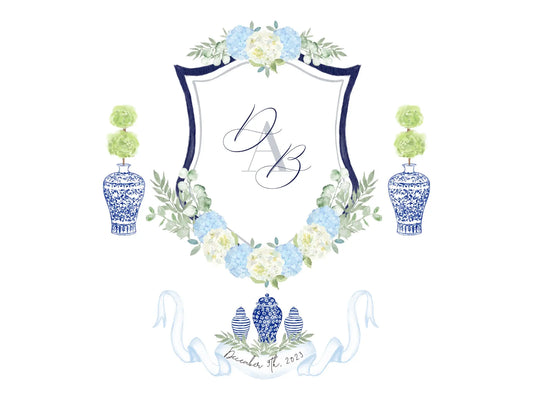Blue Watercolor Wedding Crest with ginger jars The Wedding Crest Lab