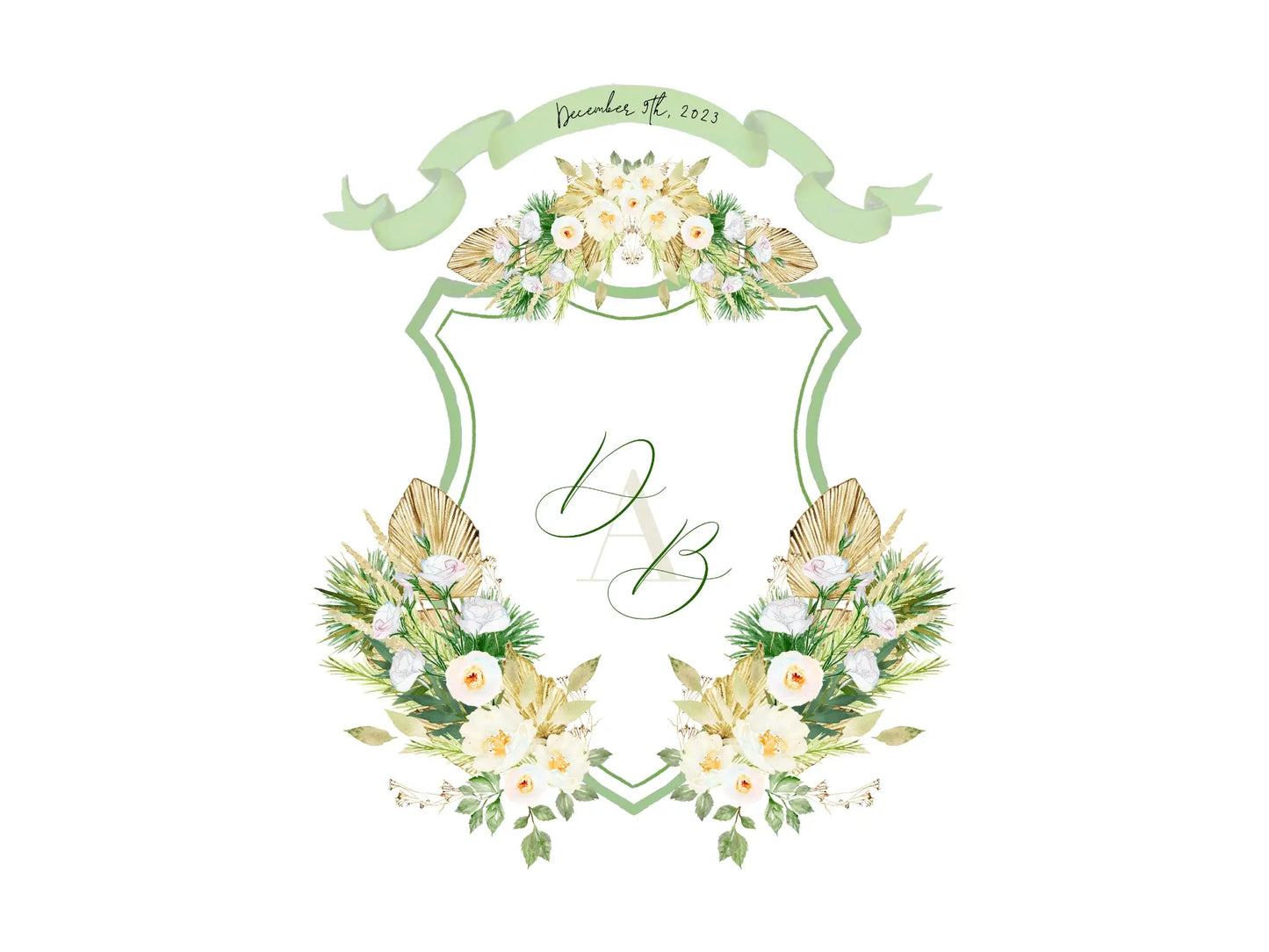 Sage wedding crest with dried palms and watercolor white flowers The Wedding Crest Lab