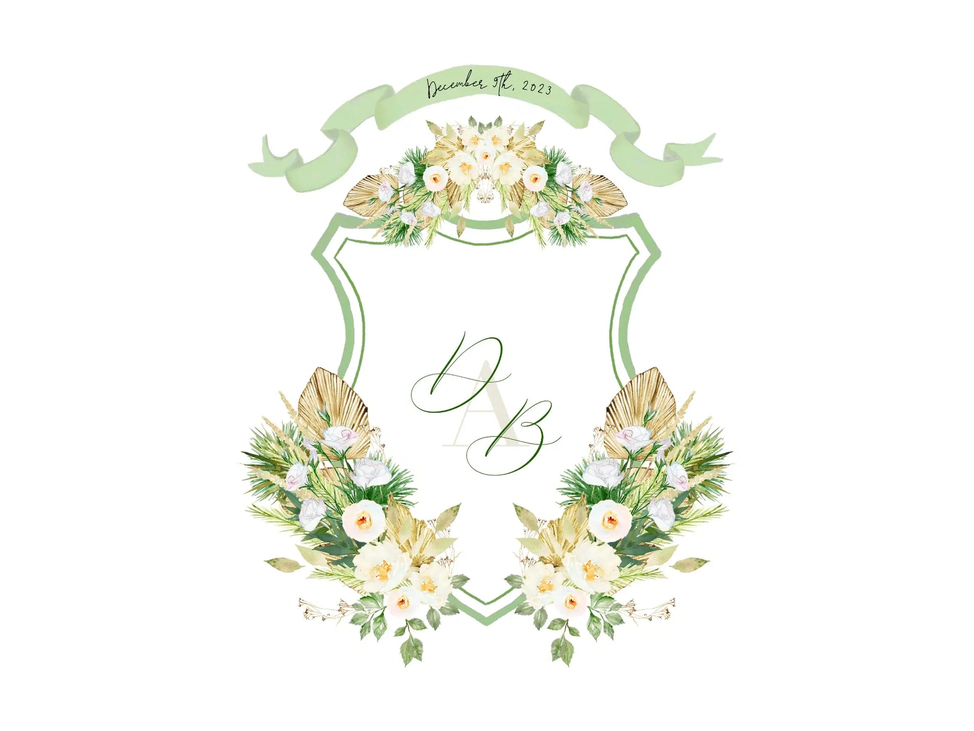 Sage wedding crest with dried palms and watercolor white flowers The Wedding Crest Lab