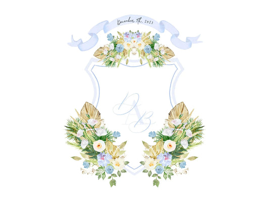 Dusty blue wedding crest with dried palms and watercolor white and blue flowers The Wedding Crest Lab