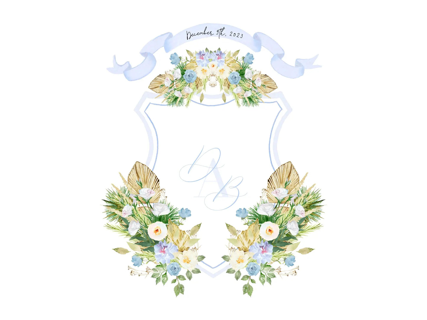 Dusty blue wedding crest with dried palms and watercolor white and blue flowers The Wedding Crest Lab