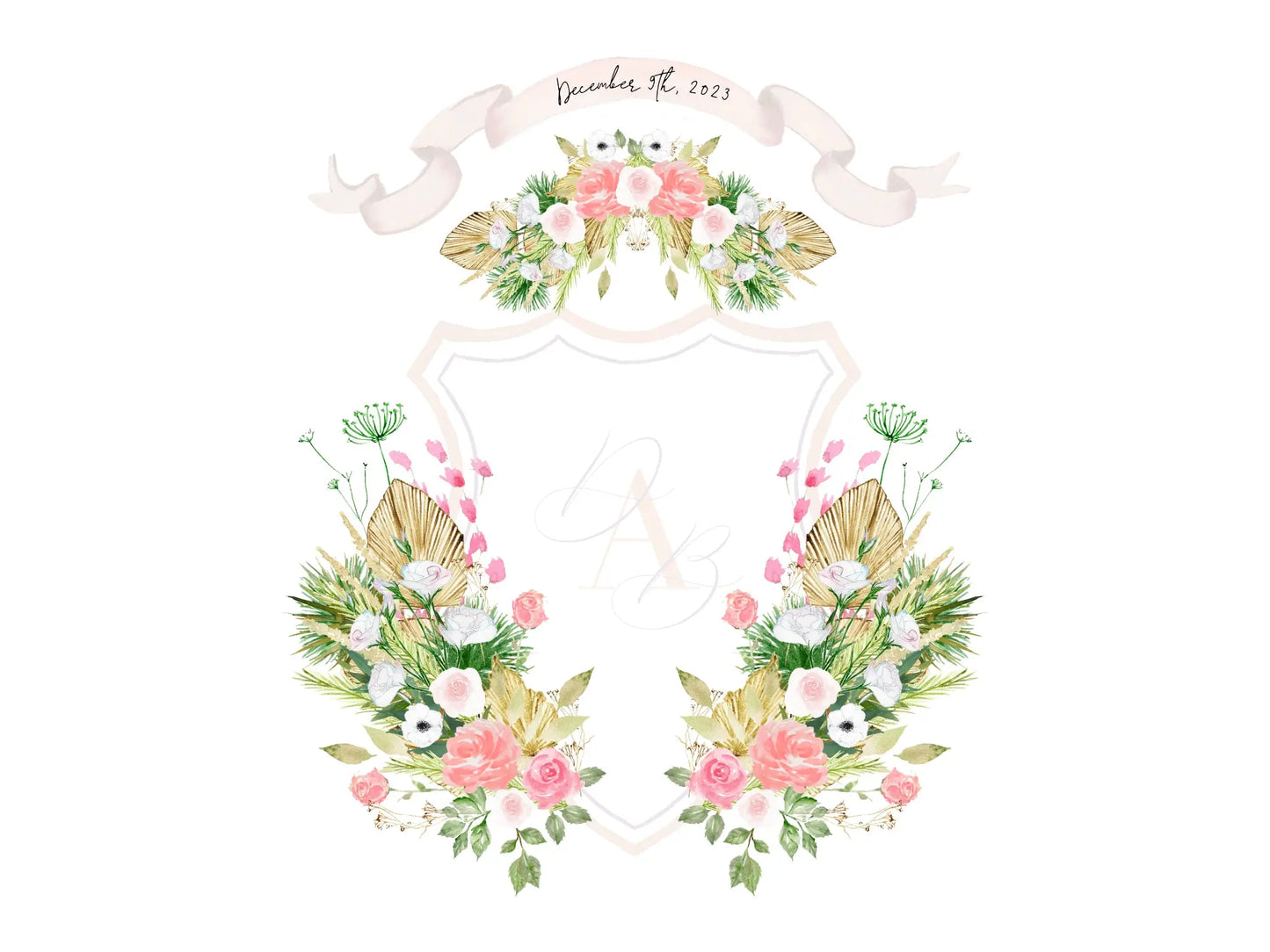 Pink wedding crest with dried palms and watercolor white and pink flowers The Wedding Crest Lab