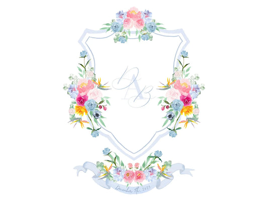 Dusty blue wedding crest with colorfull watercolor flowers The Wedding Crest Lab