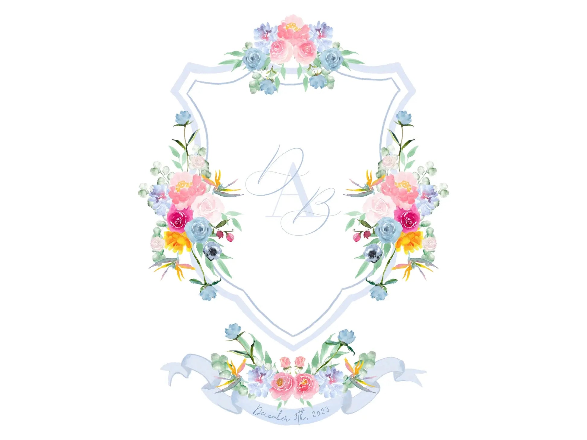 Dusty blue wedding crest with colorfull watercolor flowers The Wedding Crest Lab