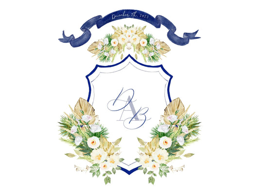 Blue wedding crest with dried palms and watercolor white flowers The Wedding Crest Lab