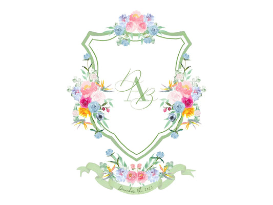 Sage wedding crest with colorfull watercolor flowers The Wedding Crest Lab