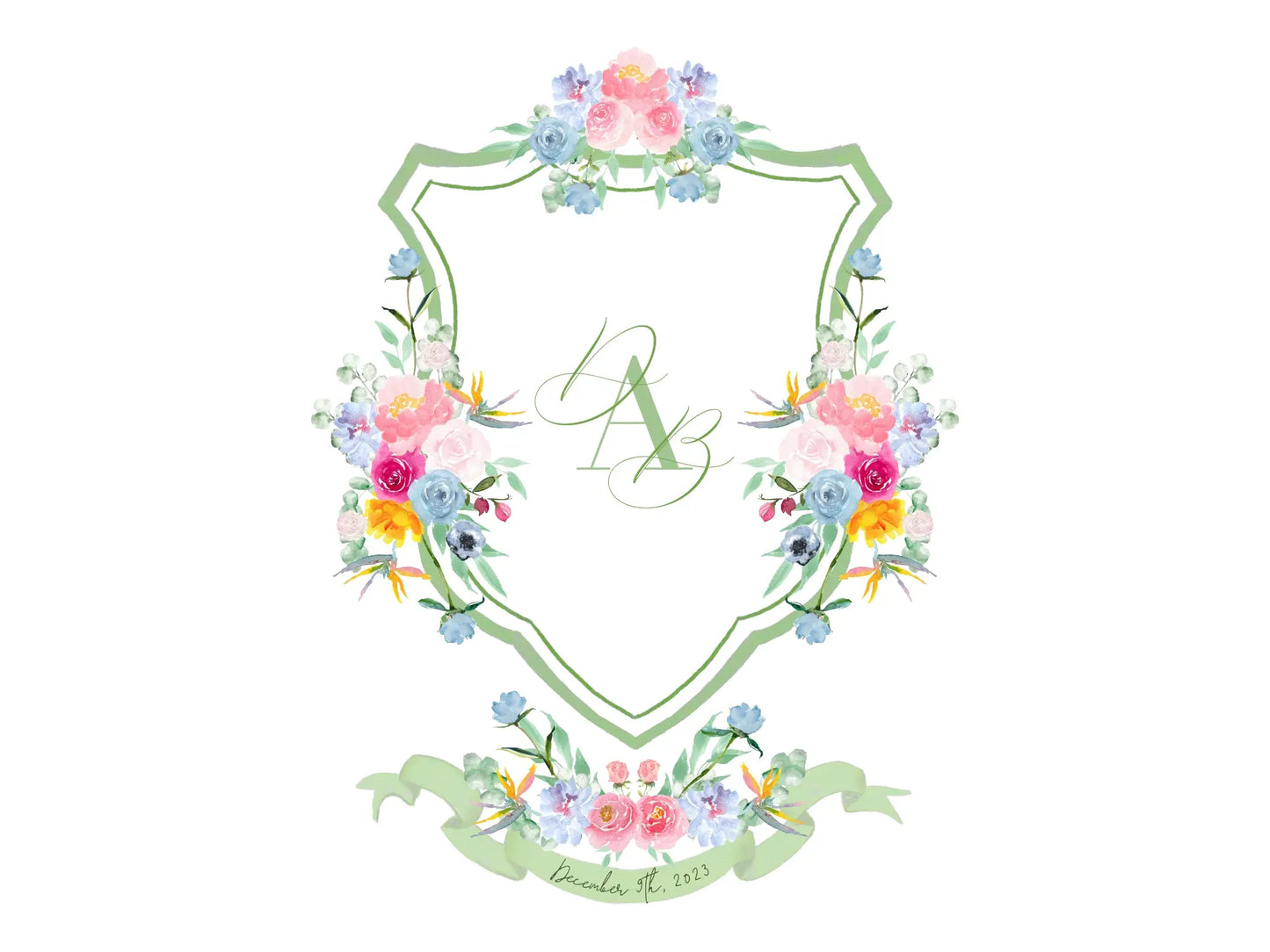 Sage wedding crest with colorfull watercolor flowers The Wedding Crest Lab