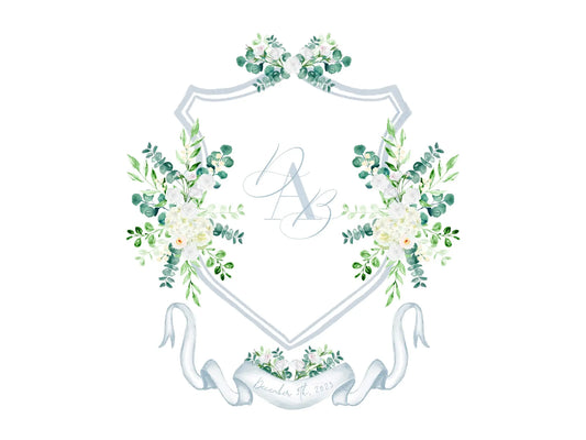 Dusty blue wedding crest with white watercolor flowers The Wedding Crest Lab
