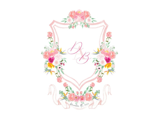 Pink wedding crest with colorfull watercolor flowers The Wedding Crest Lab