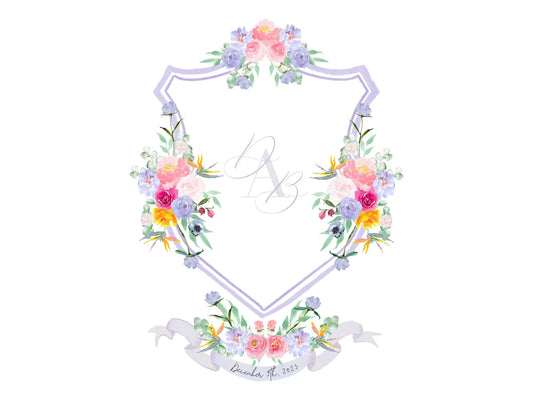 Lilac wedding crest with colorfull watercolor flowers The Wedding Crest Lab