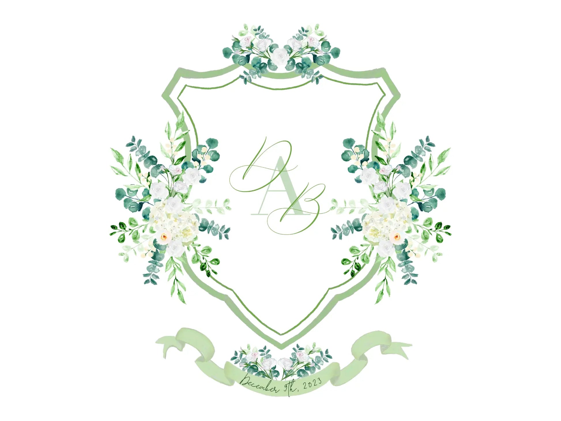 Eucalyptus wedding crest with white watercolor flowers The Wedding Crest Lab
