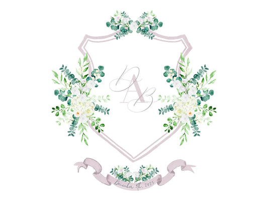Mauve wedding crest with white watercolor flowers The Wedding Crest Lab