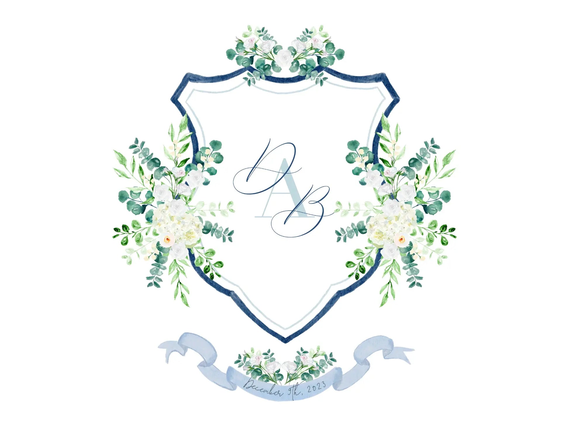 Blue navy wedding crest with white watercolor flowers The Wedding Crest Lab